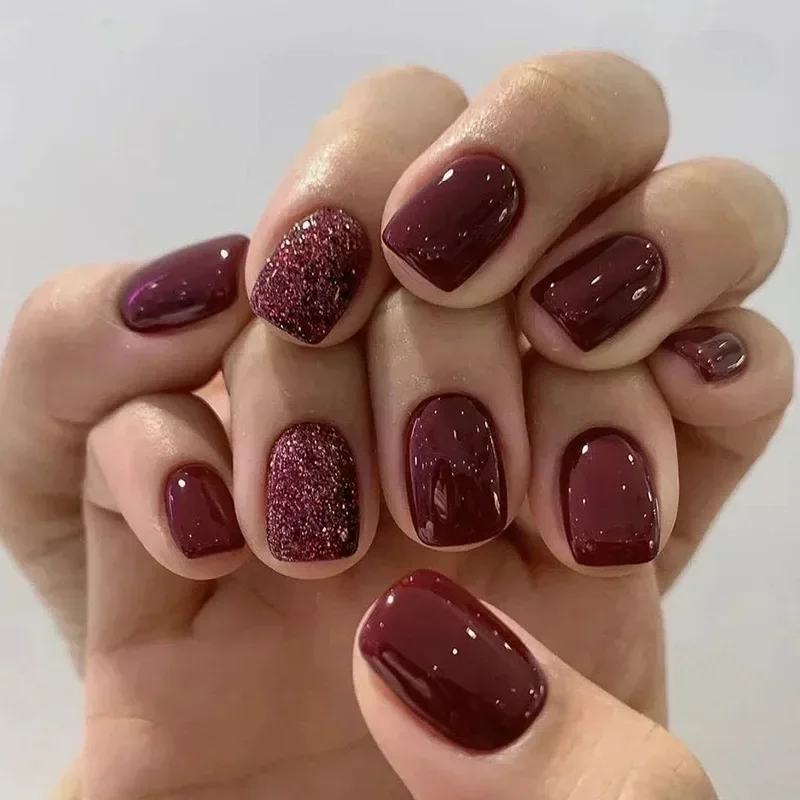 Nail Art Red Wine - 24 قطعة/مجموعة أظافر صناعية قصيرة بلون