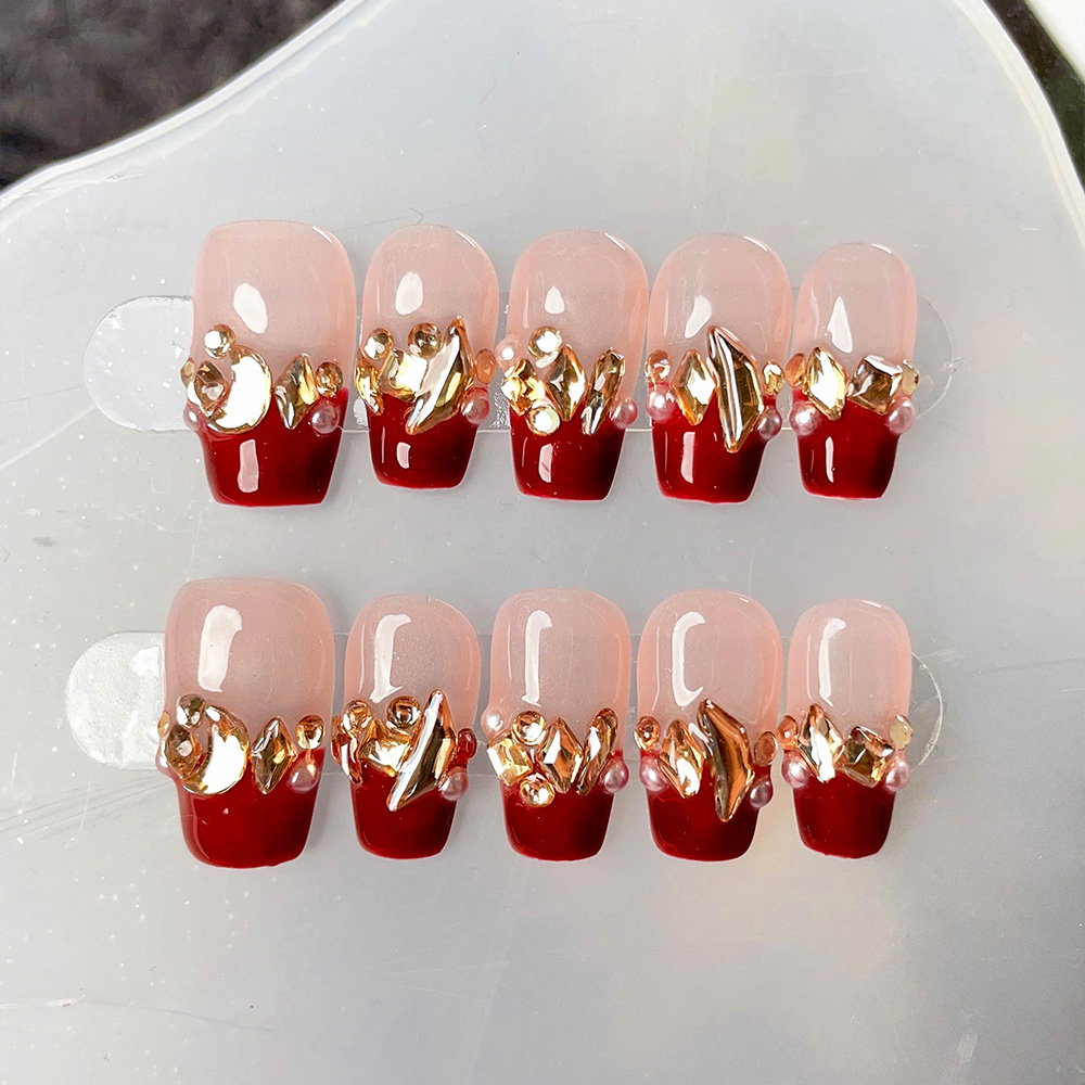 Nail Art Red Wine - 10 قطع من الأظافر الاصطناعية القصيرة